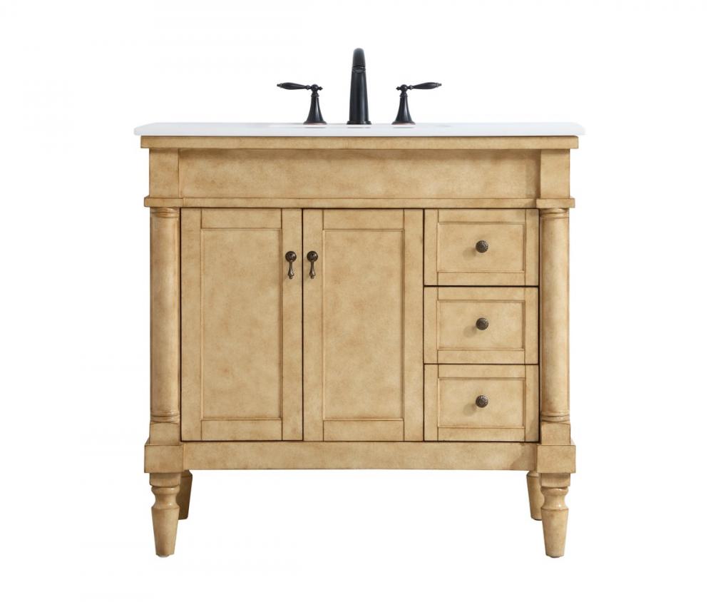 36 Inch Single Bathroom Vanity in Antique Beige with Ivory White Engineered Marble