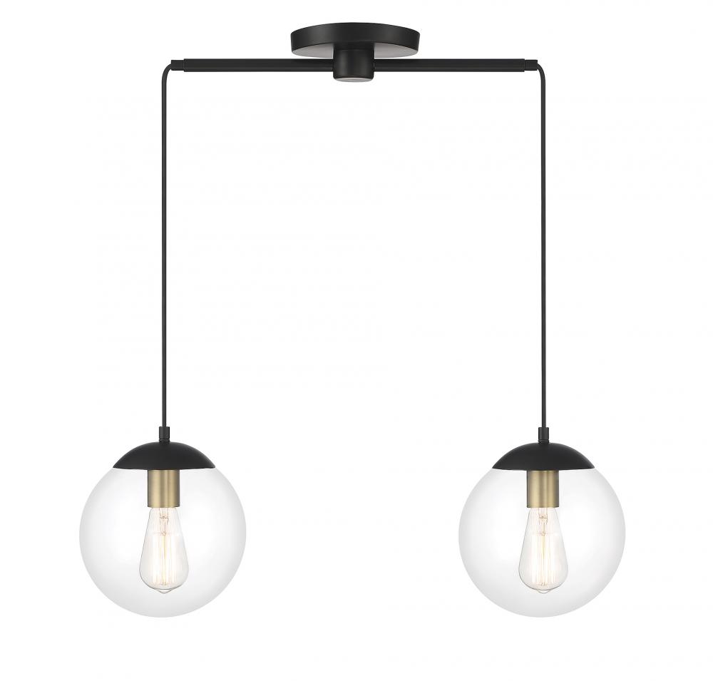 2-Light Linear Chandelier in Matte Black with Natural Brass