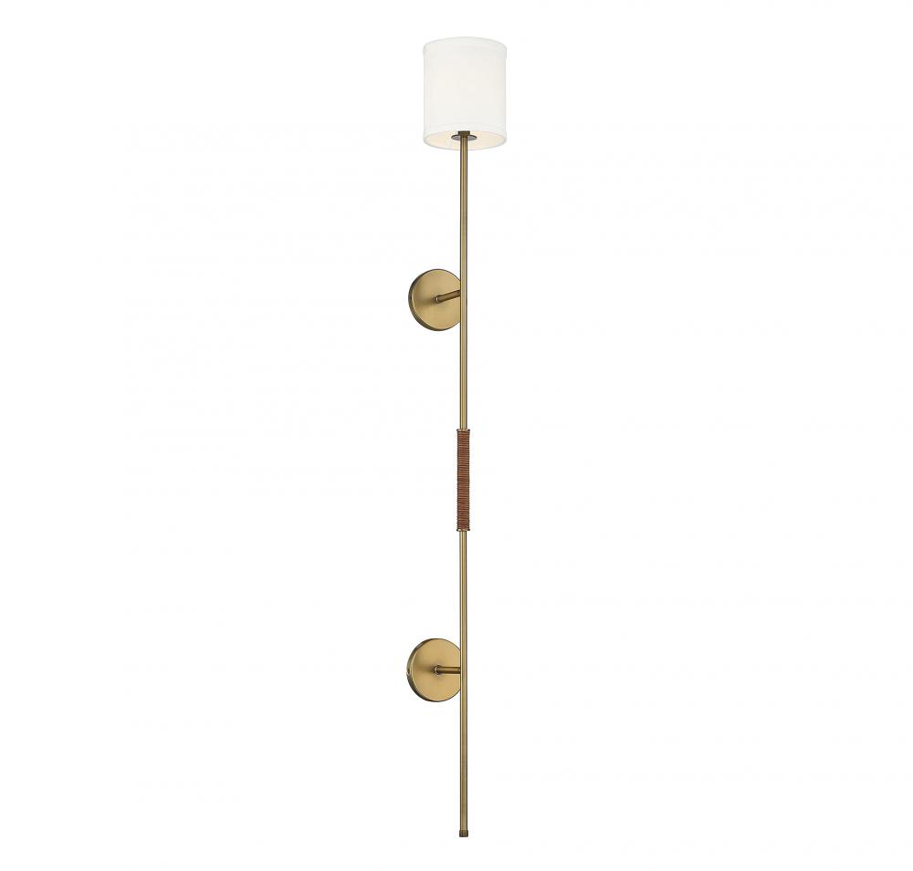 1-Light Plug-In Wall Sconce in Natural Brass with Leather Accent