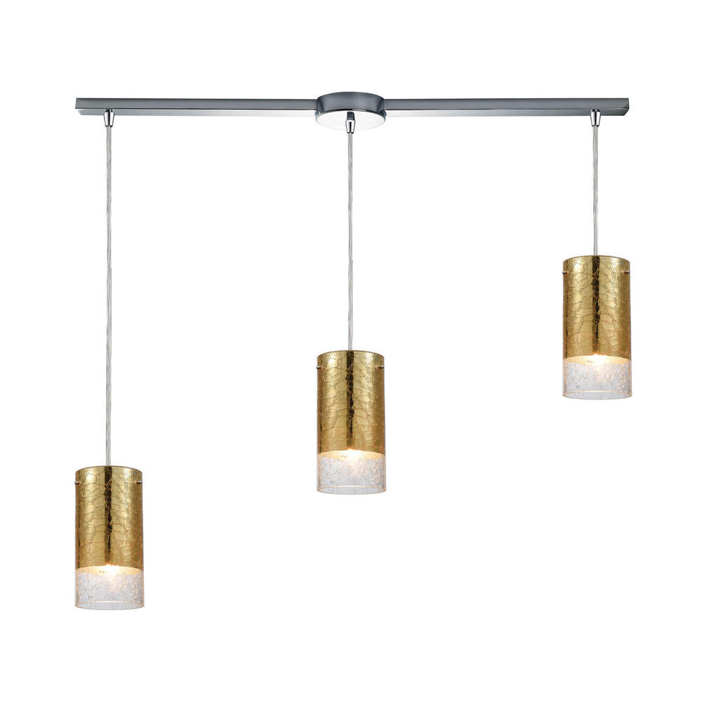 Tallula 3-Light Linear Mini Pendant Fixture in Chrome with Gold-plated and Clear Crackle Glass
