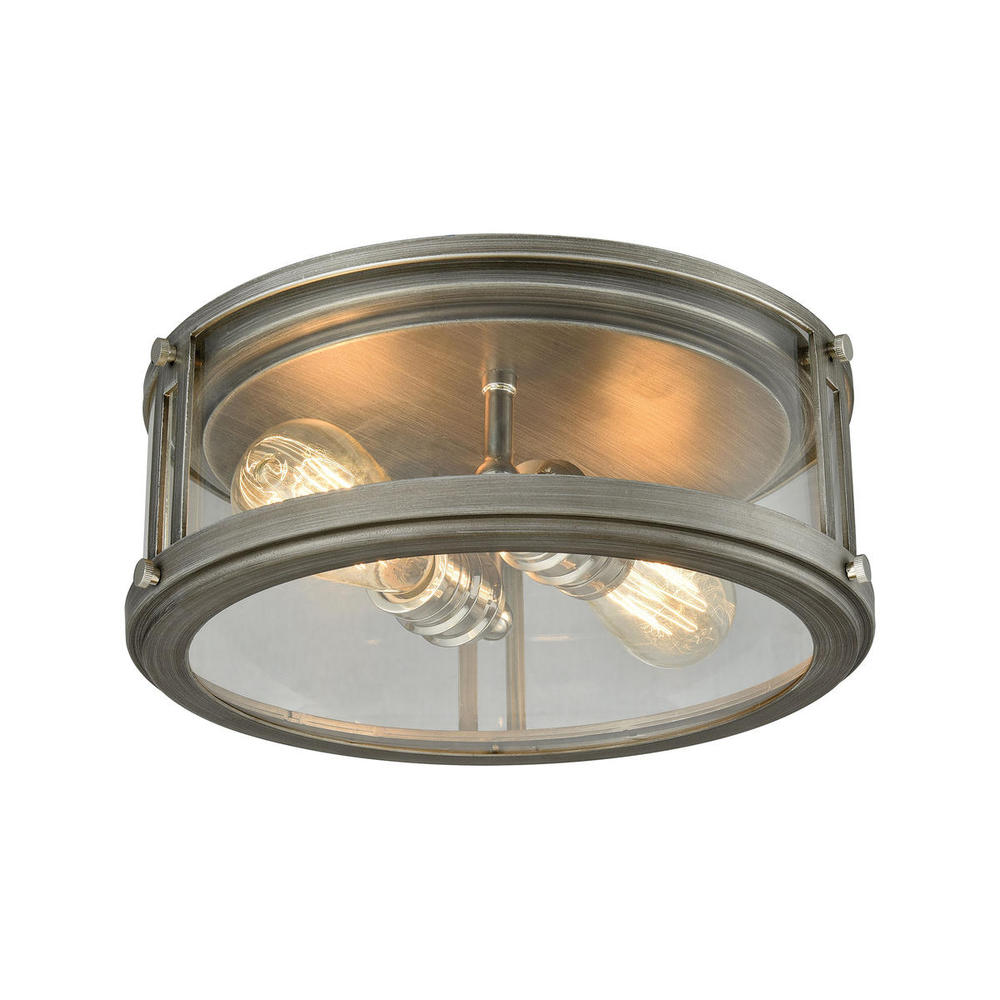 Coby 2-Light Flush Mount in Polished Nickel and Weathered Zinc with Clear Glass