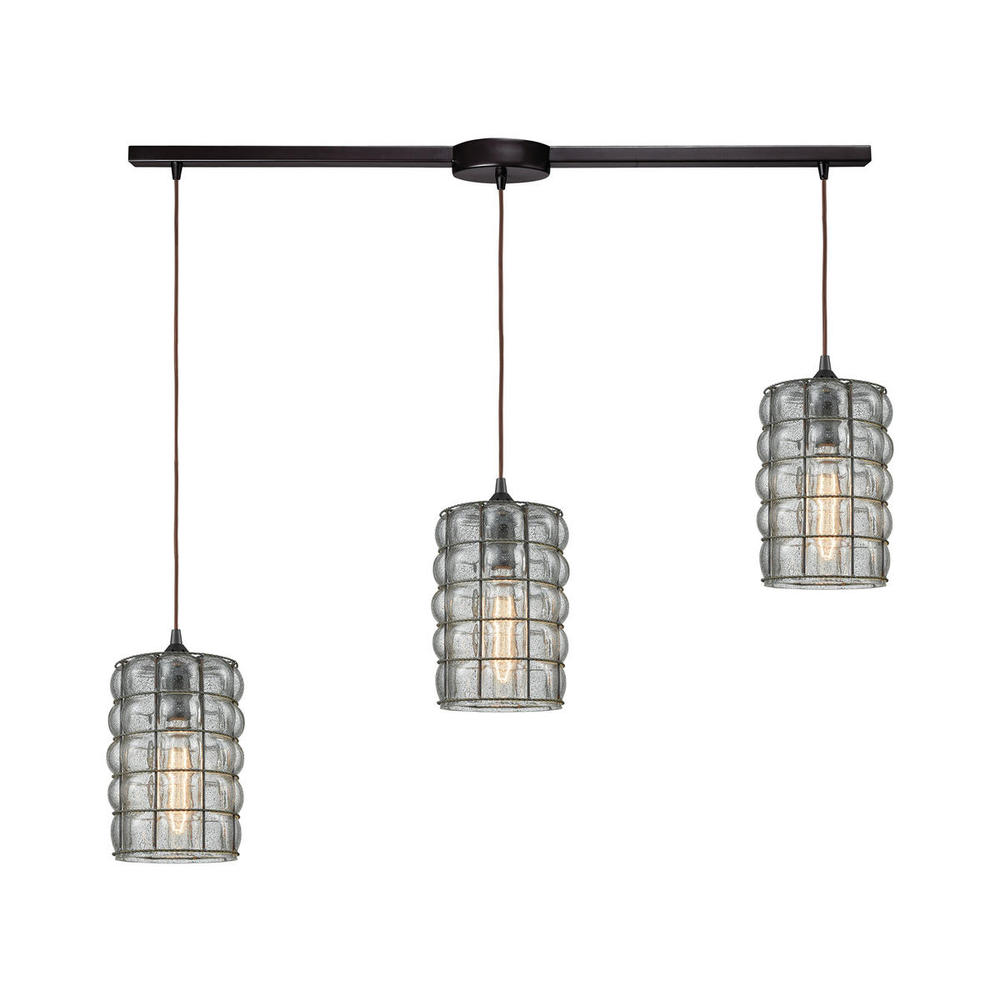 Murieta 3-Light Linear Mini Pendant Fixture in Oiled Bronze with Wire Cage and Speckled Seedy Glass