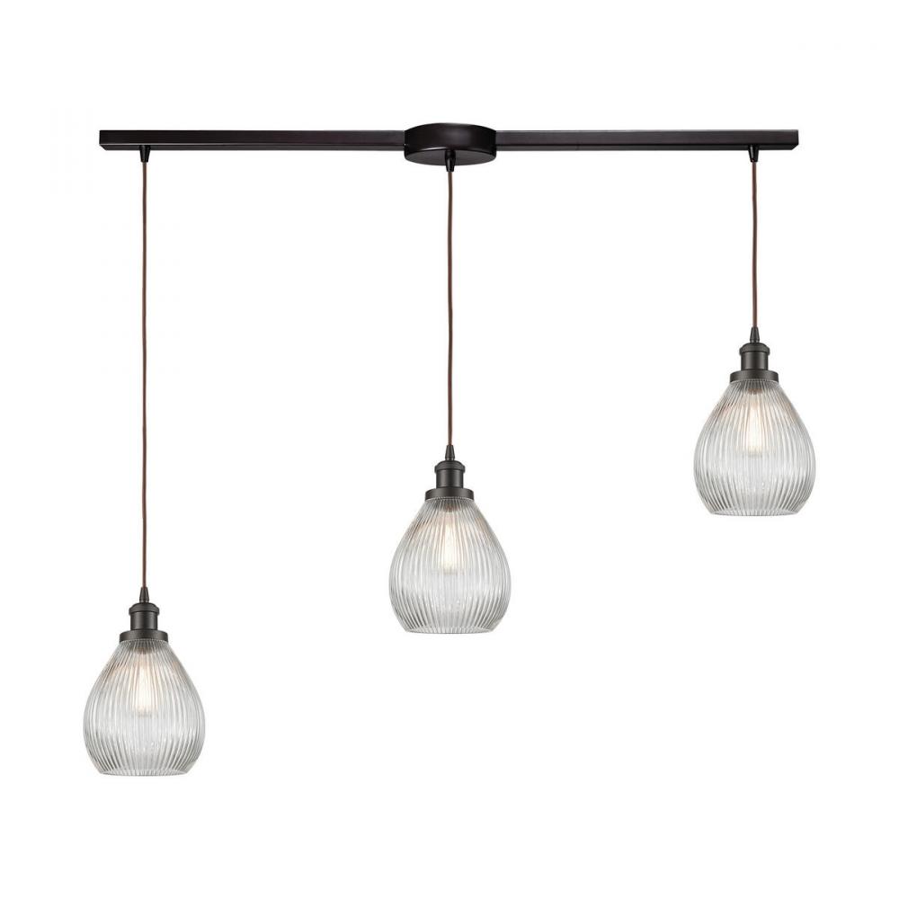 Jackson 3-Light Linear Mini Pendant Fixture in Oil Rubbed Bronze with Clear Ribbed Glass