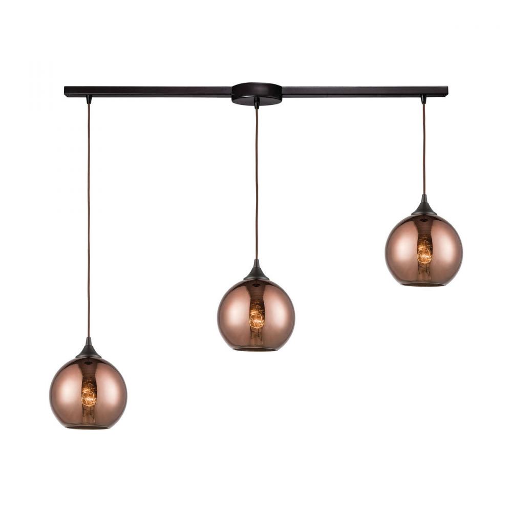Copperhead 3-Light Linear Mini Pendant Fixture in Oil Rubbed Bronze with Copper-plated Glass